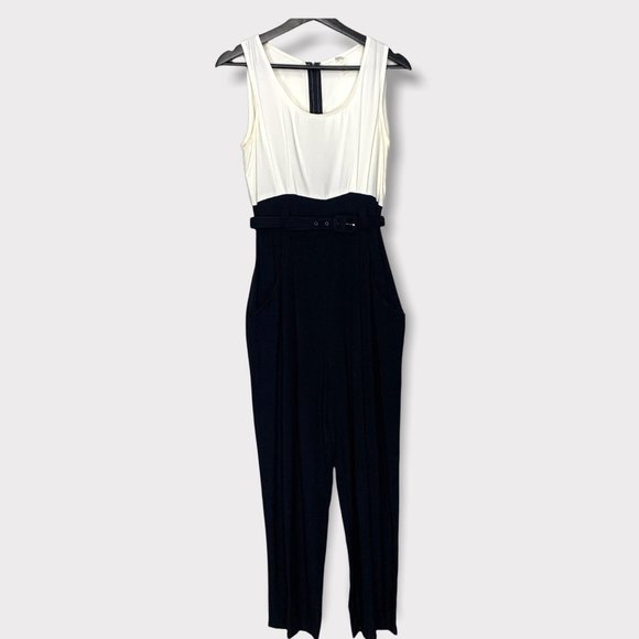 Vintage Pants - Vintage 90s Off White Black Sleeveless Belted Jumpsuit Medium